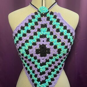 Handmade Single Granny Square Crochet Halter Top - Purple, Black, and Teal